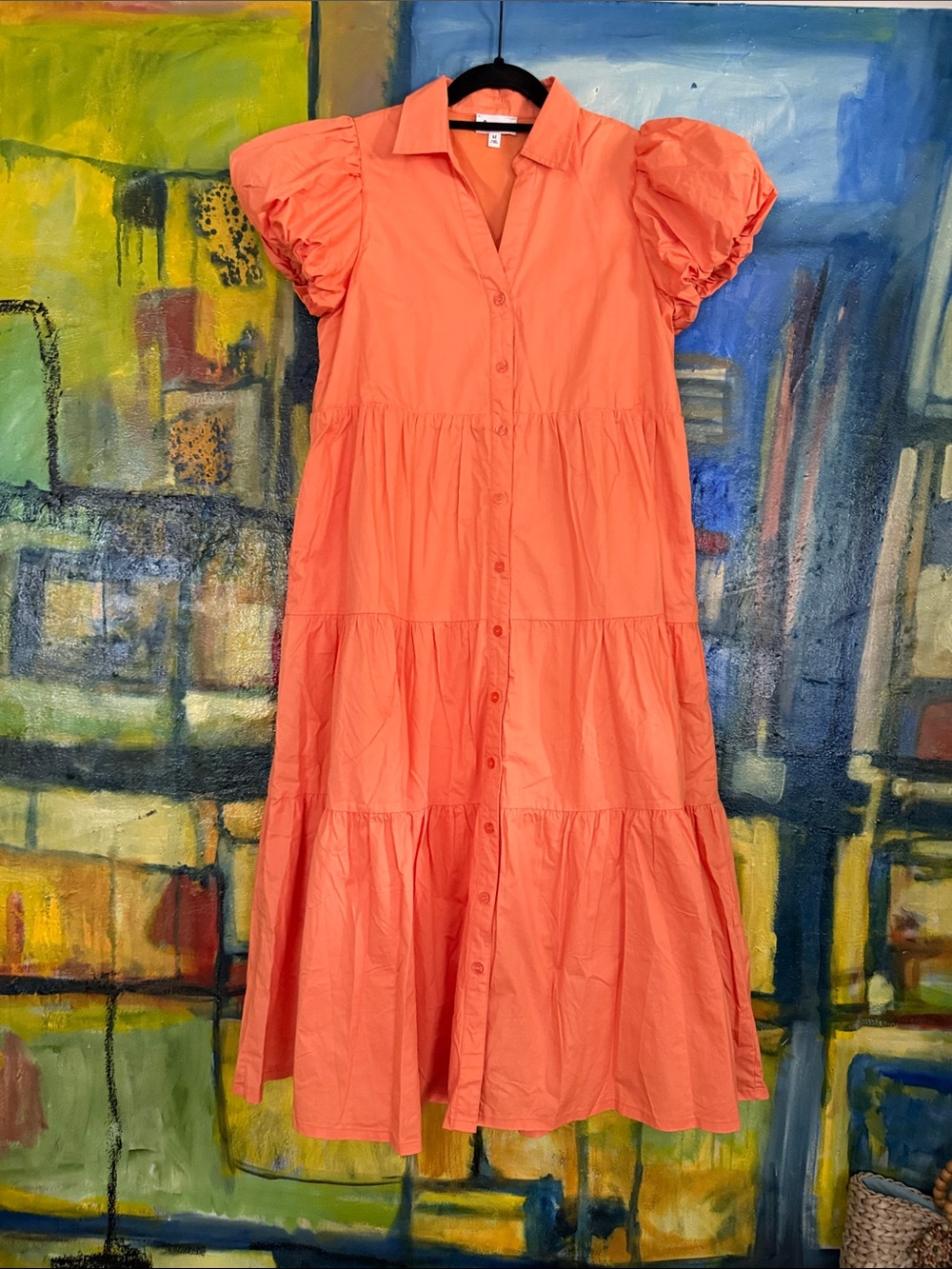 &Merci tiered Puff Sleeve Midi Dress with pockets - Coral women’s size medium